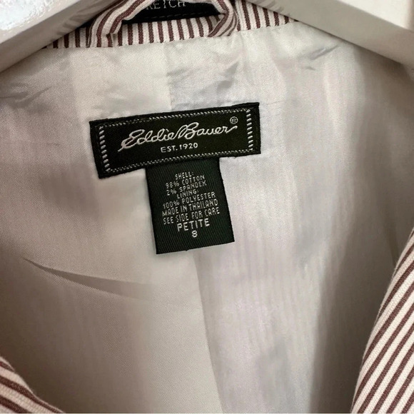 Eddie Bauer stretch tan + white pinstriped skirt & blazer suit Preppy Womens 8 - Picture 7 of 9